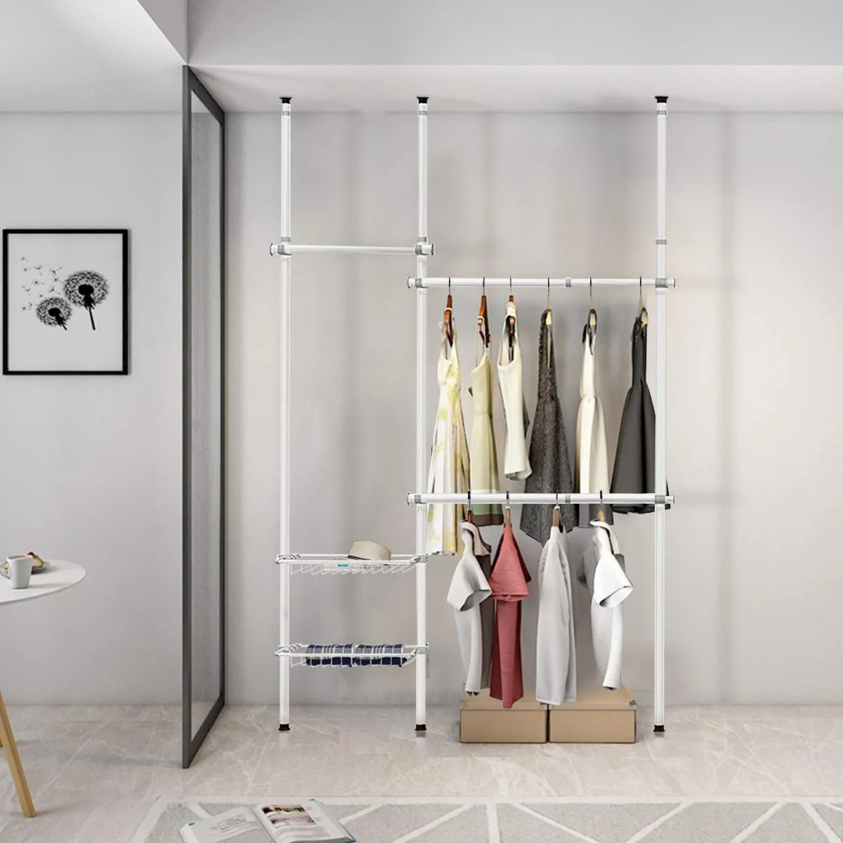 Tangkula Double 2 Tier Adjustable Closet System, Floor to Ceiling Clothes Hanger with 2 Storage Baskets & Inner Spring