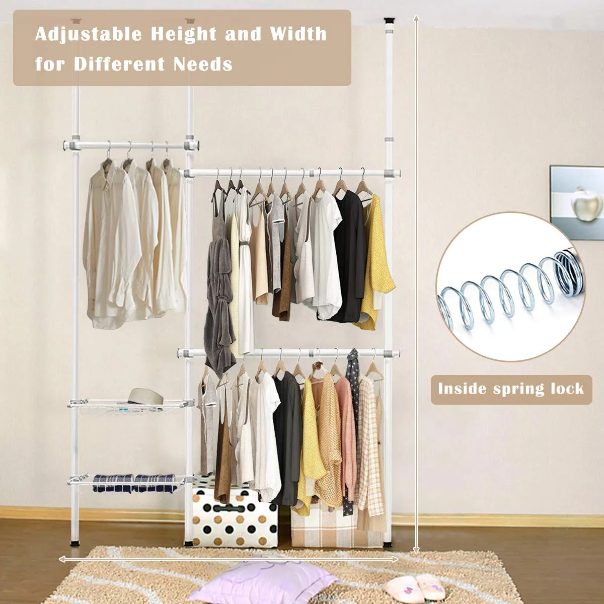 Tangkula Double 2 Tier Adjustable Closet System, Floor to Ceiling Clothes Hanger with 2 Storage Baskets & Inner Spring