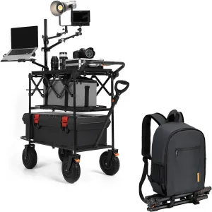 TARION Video Production Camera Cart   Camera Backpack TBS Black: Foldable Rolling Cart with 360 Swivel Wheels 3 Shelves Photograhpy Workstation   Camera Bag Backpack for Photographer