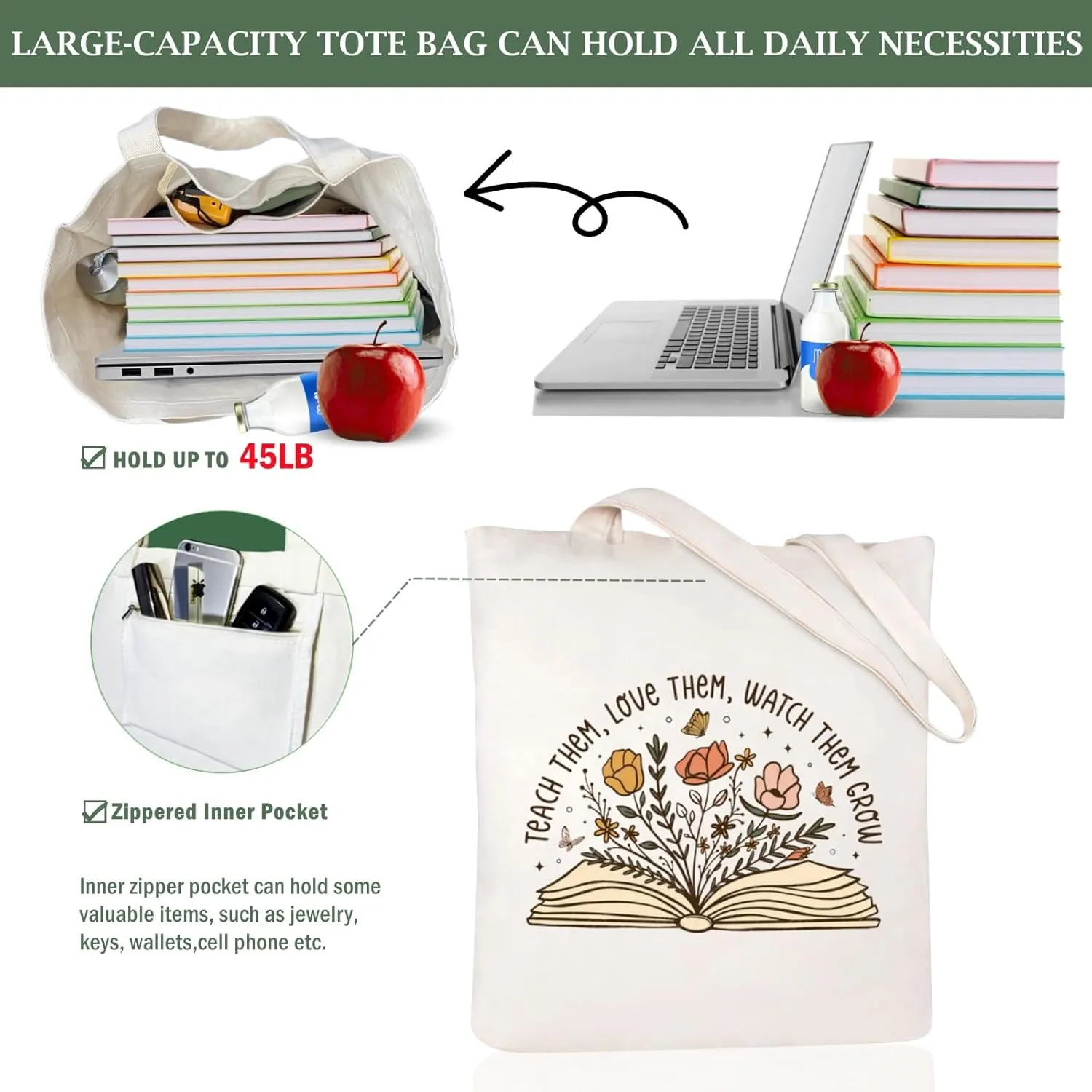 Teacher Appreciation Gifts Canvas Tote Bags Aesthetic for Women Cloth Cotton Bags Travel Bag Reusable Grocery Shopping Bag