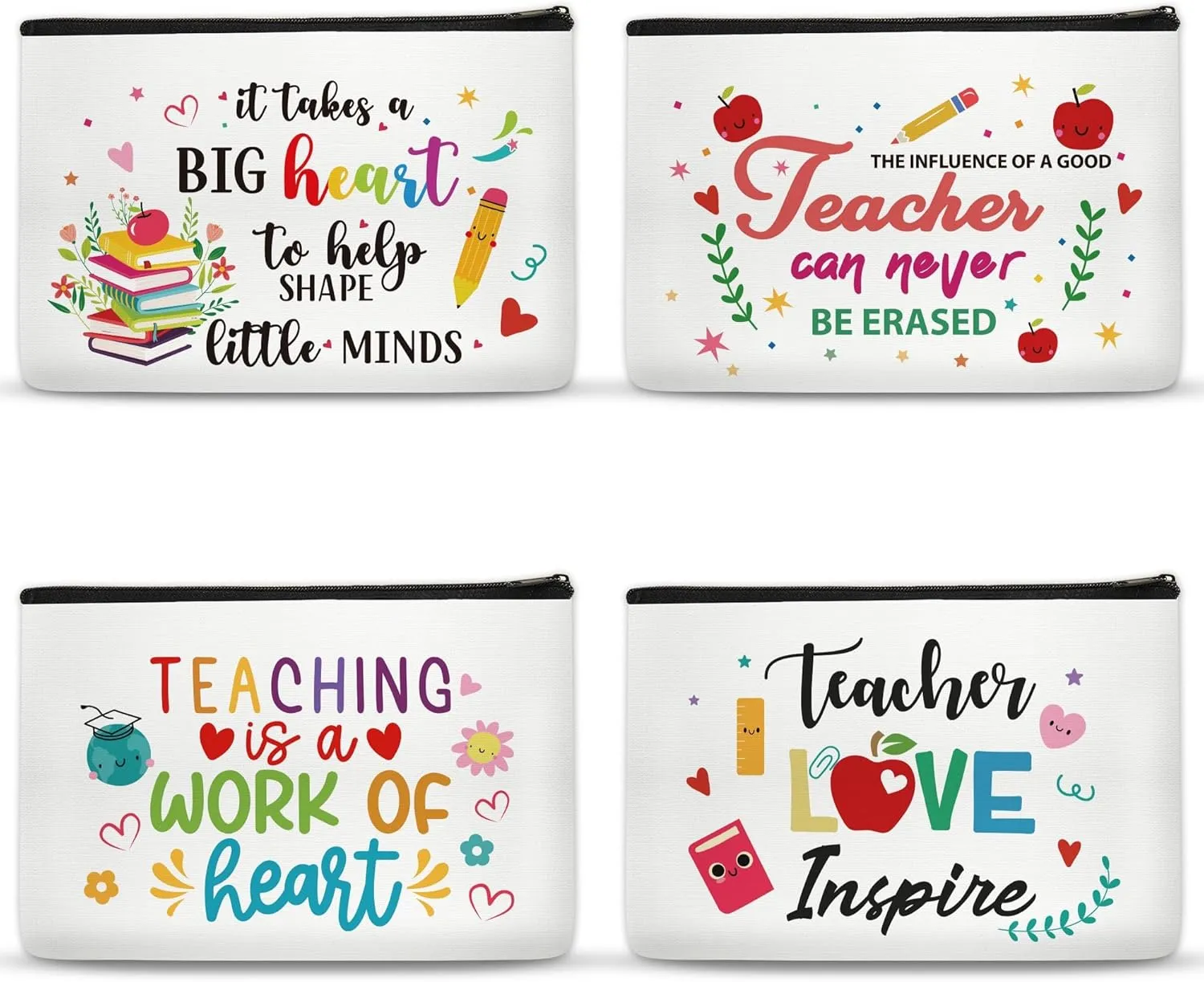 Teacher Appreciation Makeup Bag - 4 Pcs Cosmetic Bags Gifts for Women Small Best New Teacher Gifts Canvas Travel Toiletry Bag Zipper Pouches for Teacher's Day Back to School Graduation