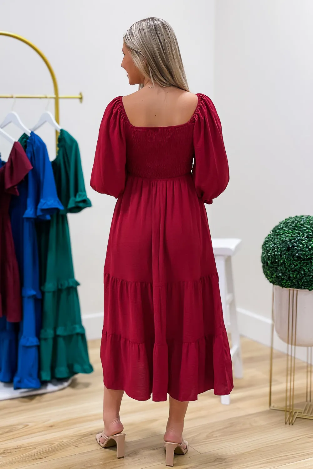 Timeless Romance Smocked Tiered Midi Dress - Ruby Red