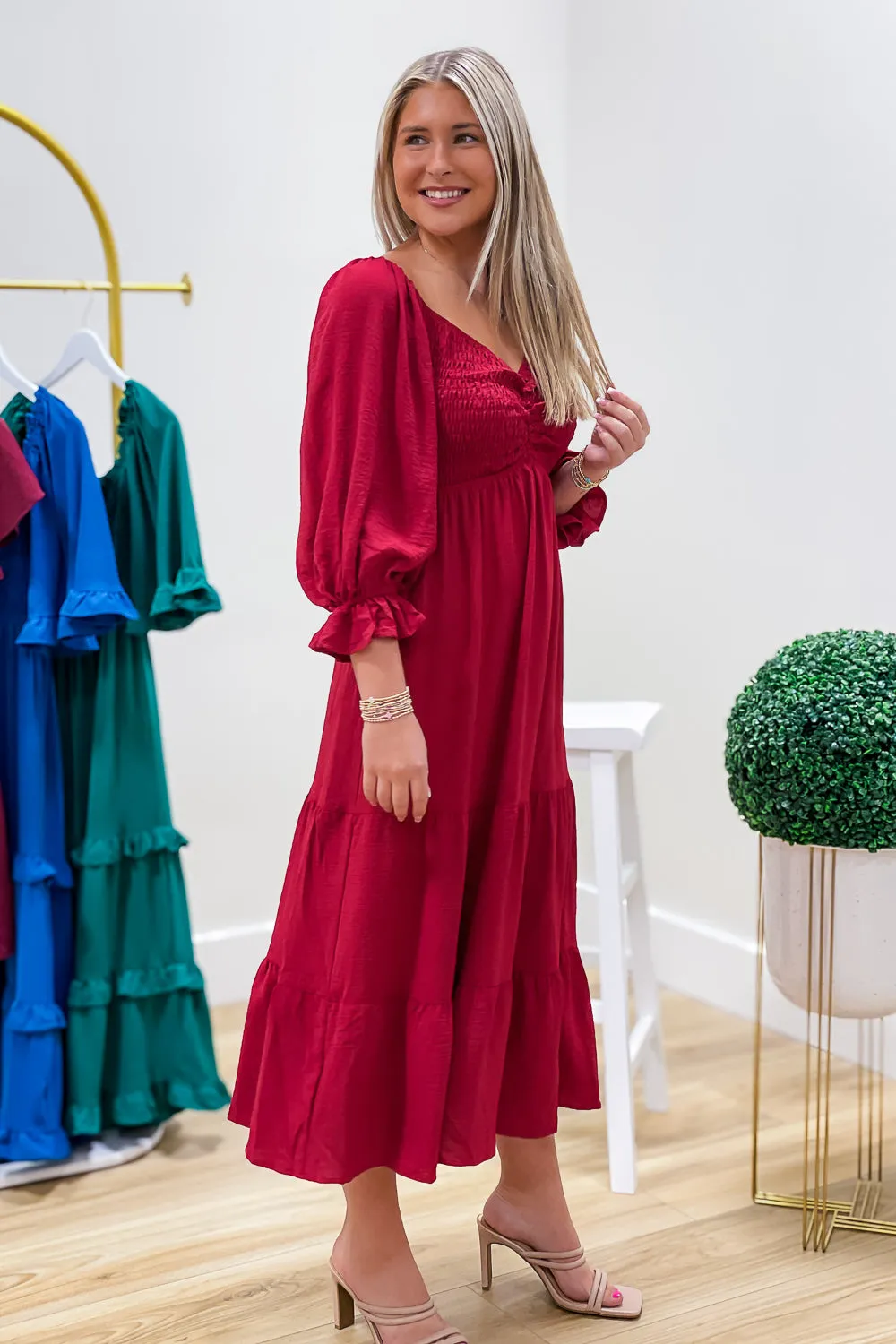 Timeless Romance Smocked Tiered Midi Dress - Ruby Red