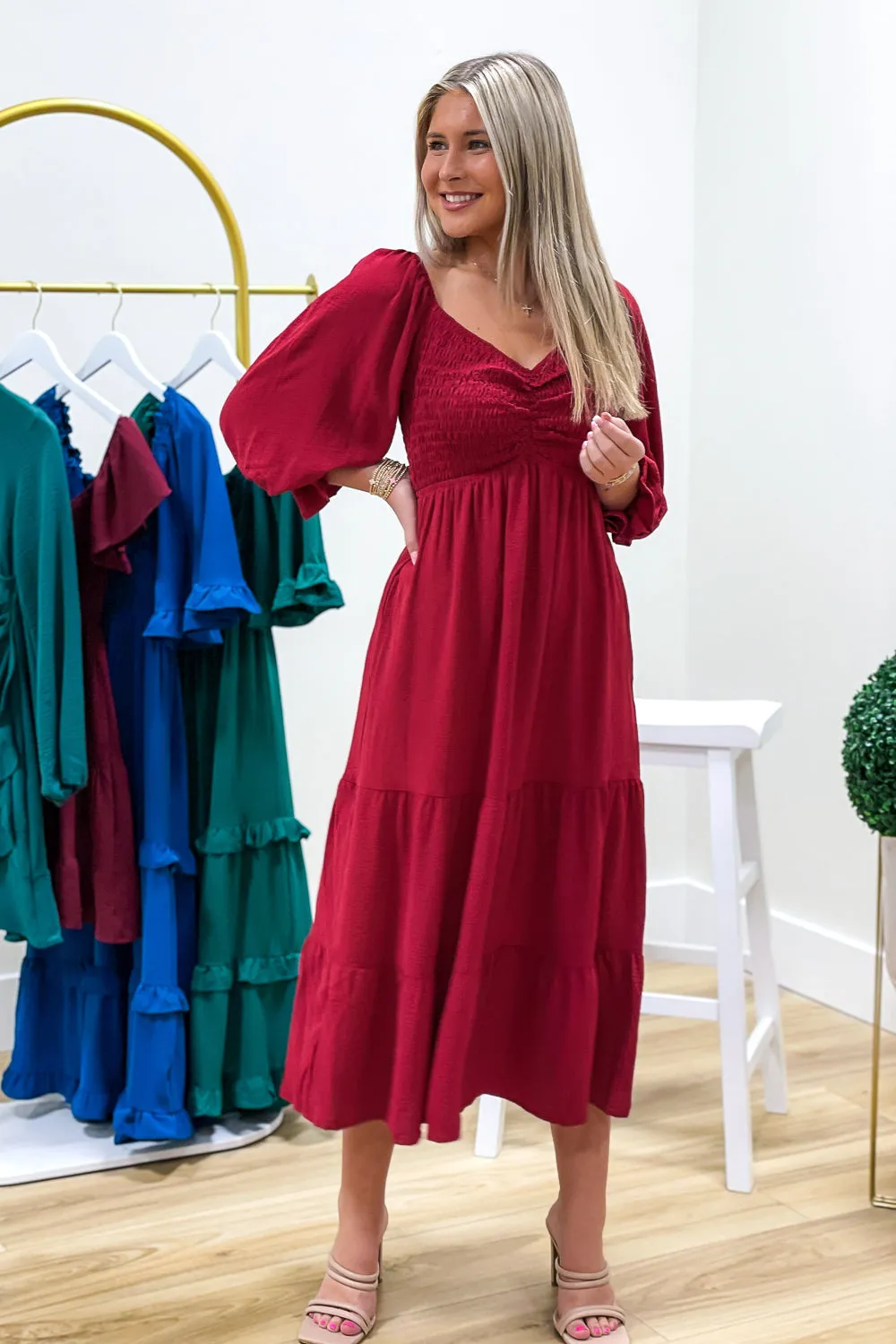 Timeless Romance Smocked Tiered Midi Dress - Ruby Red