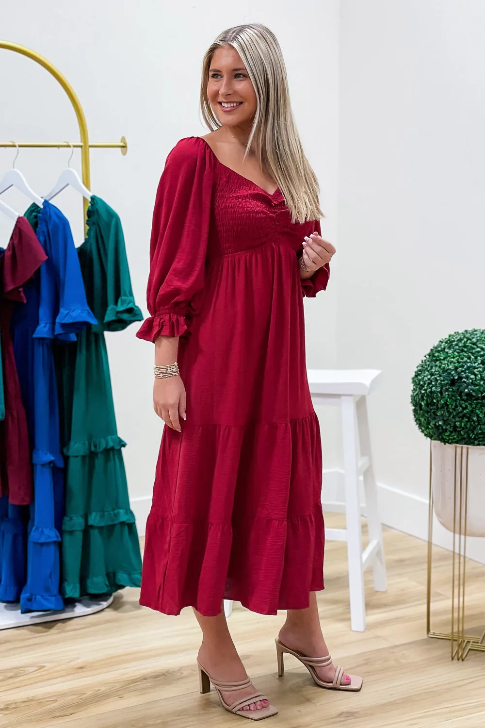 Timeless Romance Smocked Tiered Midi Dress - Ruby Red