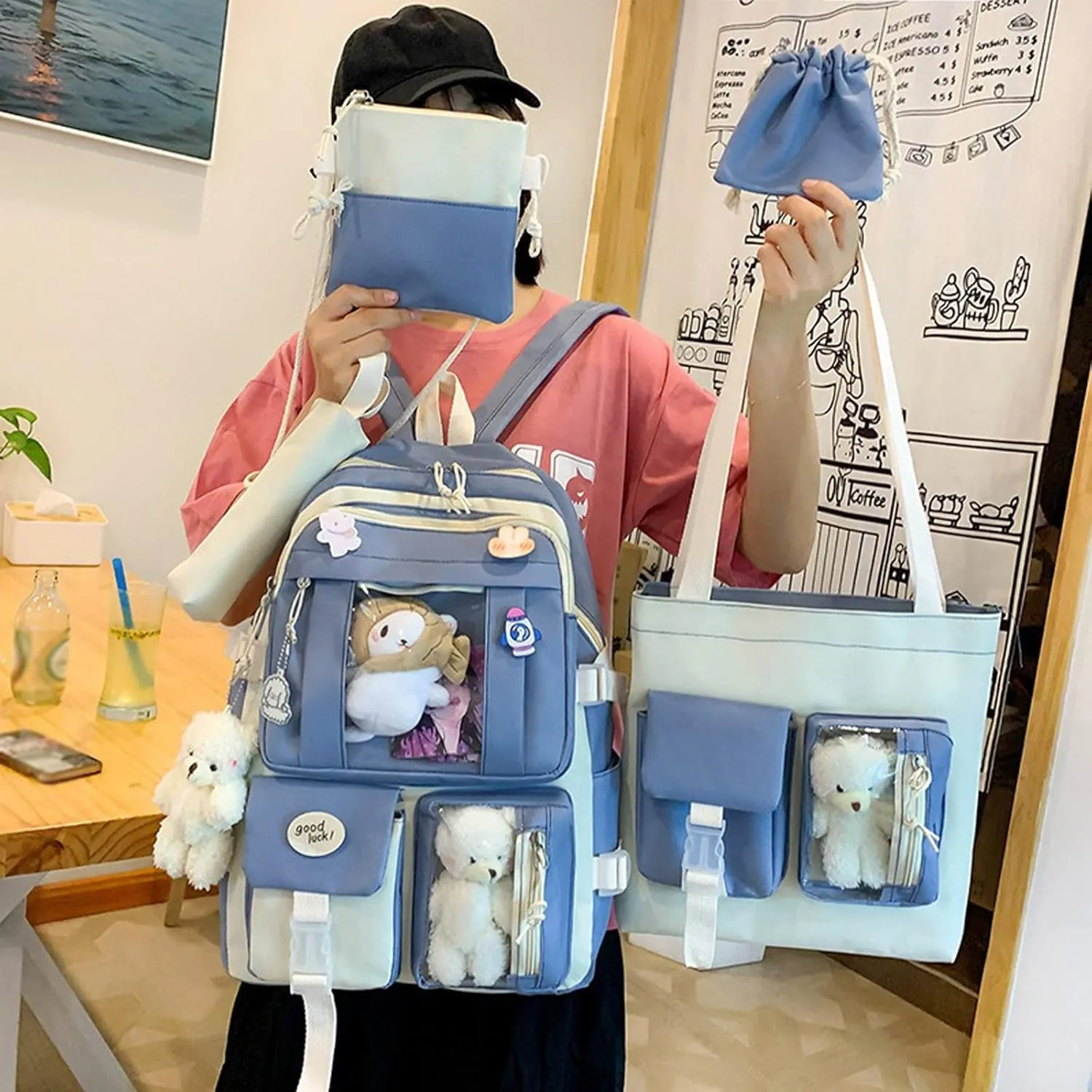 Tote Bag For Women 5Pc Starts Season Women Girl Student Bag Canvas Cartoon Backpack Hand Bag Crossbody Bag X