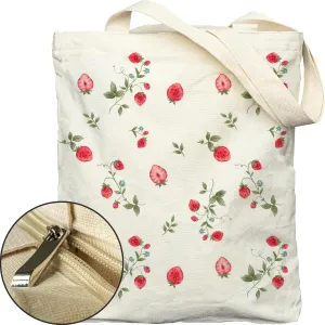 Tote Bag for Women, Large Two Sided Printing Tote Bags with Zipper, Cute Aesthetic Floral Canvas Tote with Pocket