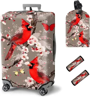 Travel Luggage Cover Suitcase Protector, Zipper Luggage Cover for 22-24 Inch Suitcase, Foldable & Washable Luggage Cover with Luggage Tag & Luggage Handle Wrap Travel Accessories, Red Cardinals