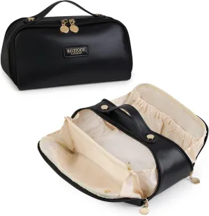 Travel Makeup Bag and Cosmetic Organizer for Women, with Multiple Pockets, Wide Open Design, Large Brush Pocket, Compact and Portable Storage Bag for Travel Accessories and Beauty Essentials (Black)