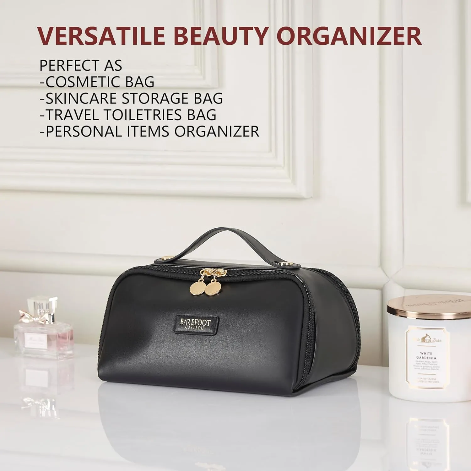 Travel Makeup Bag and Cosmetic Organizer for Women, with Multiple Pockets, Wide Open Design, Large Brush Pocket, Compact and Portable Storage Bag for Travel Accessories and Beauty Essentials (Black)