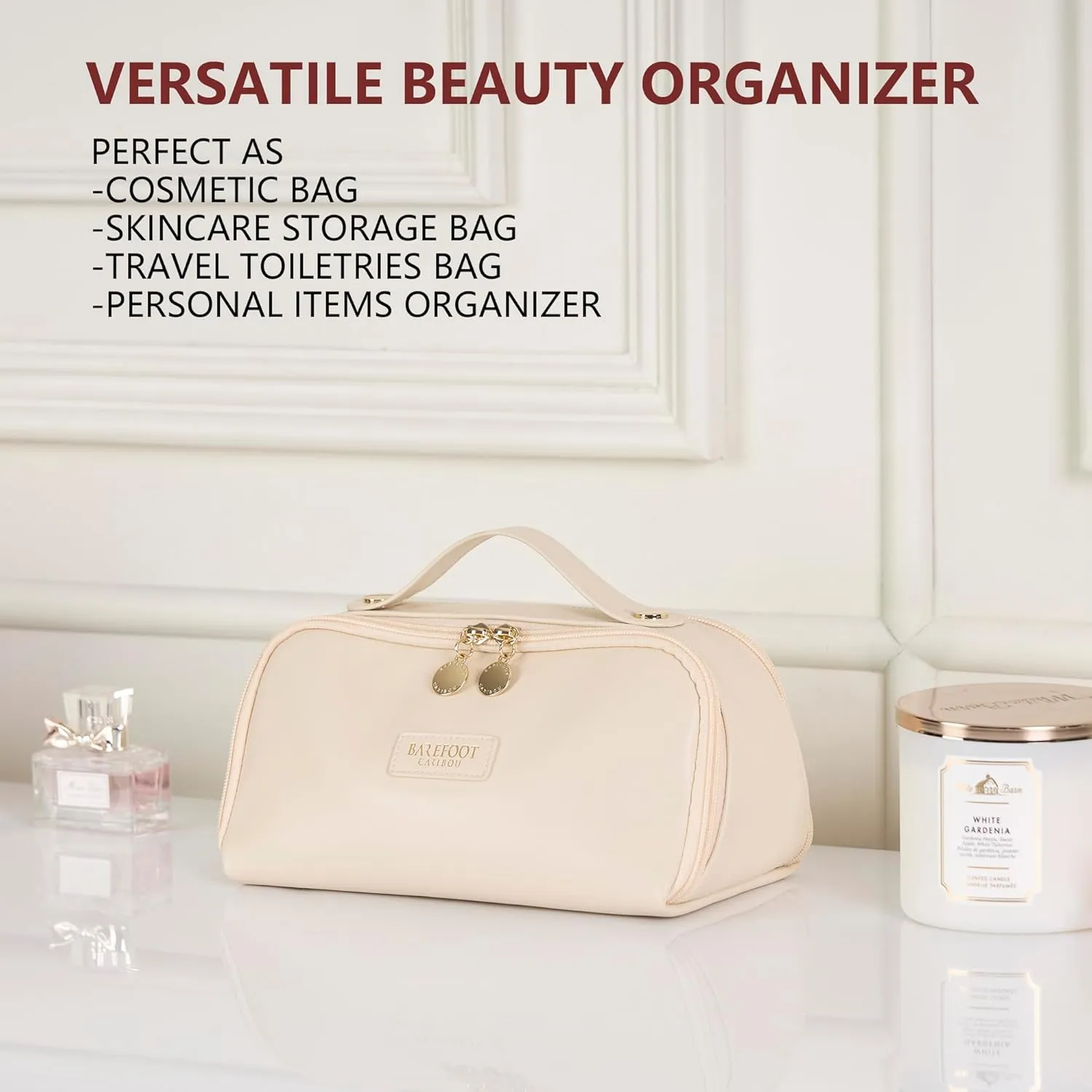 Travel Makeup Bag and Cosmetic Organizer for Women, with Multiple Pockets, Wide Open Design, Large Brush Pocket, Compact and Portable Storage Bag for Travel Accessories and Beauty Essentials (Ivory)