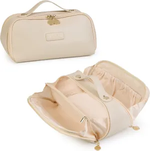 Travel Makeup Bag and Cosmetic Organizer for Women, with Multiple Pockets, Wide Open Design, Large Brush Pocket, Compact and Portable Storage Bag for Travel Accessories and Beauty Essentials (Ivory)