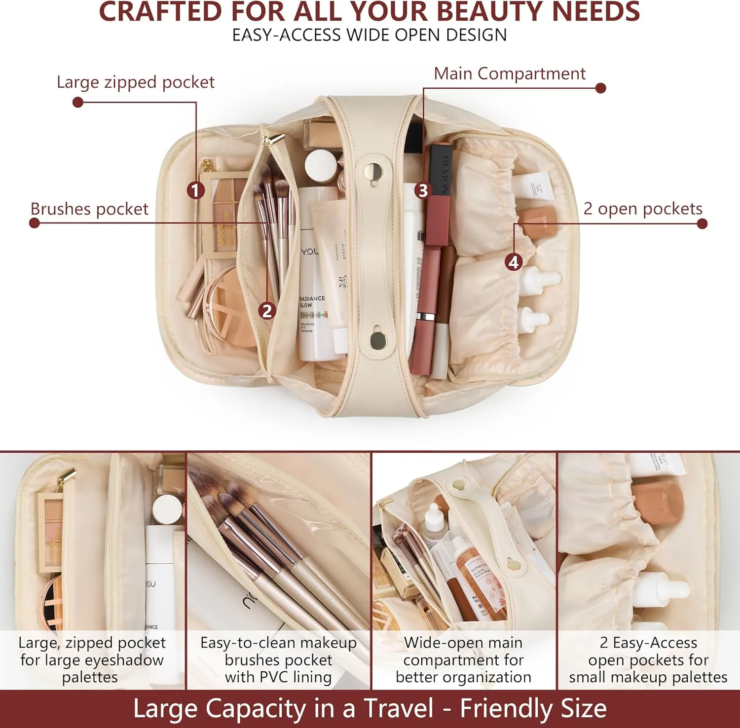 Travel Makeup Bag and Cosmetic Organizer for Women, with Multiple Pockets, Wide Open Design, Large Brush Pocket, Compact and Portable Storage Bag for Travel Accessories and Beauty Essentials (Ivory)
