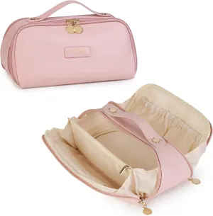 Travel Makeup Bag and Cosmetic Organizer for Women, with Multiple Pockets, Wide Open Design, Large Brush Pocket, Compact and Portable Storage Bag for Travel Accessories and Beauty Essentials (Pink)