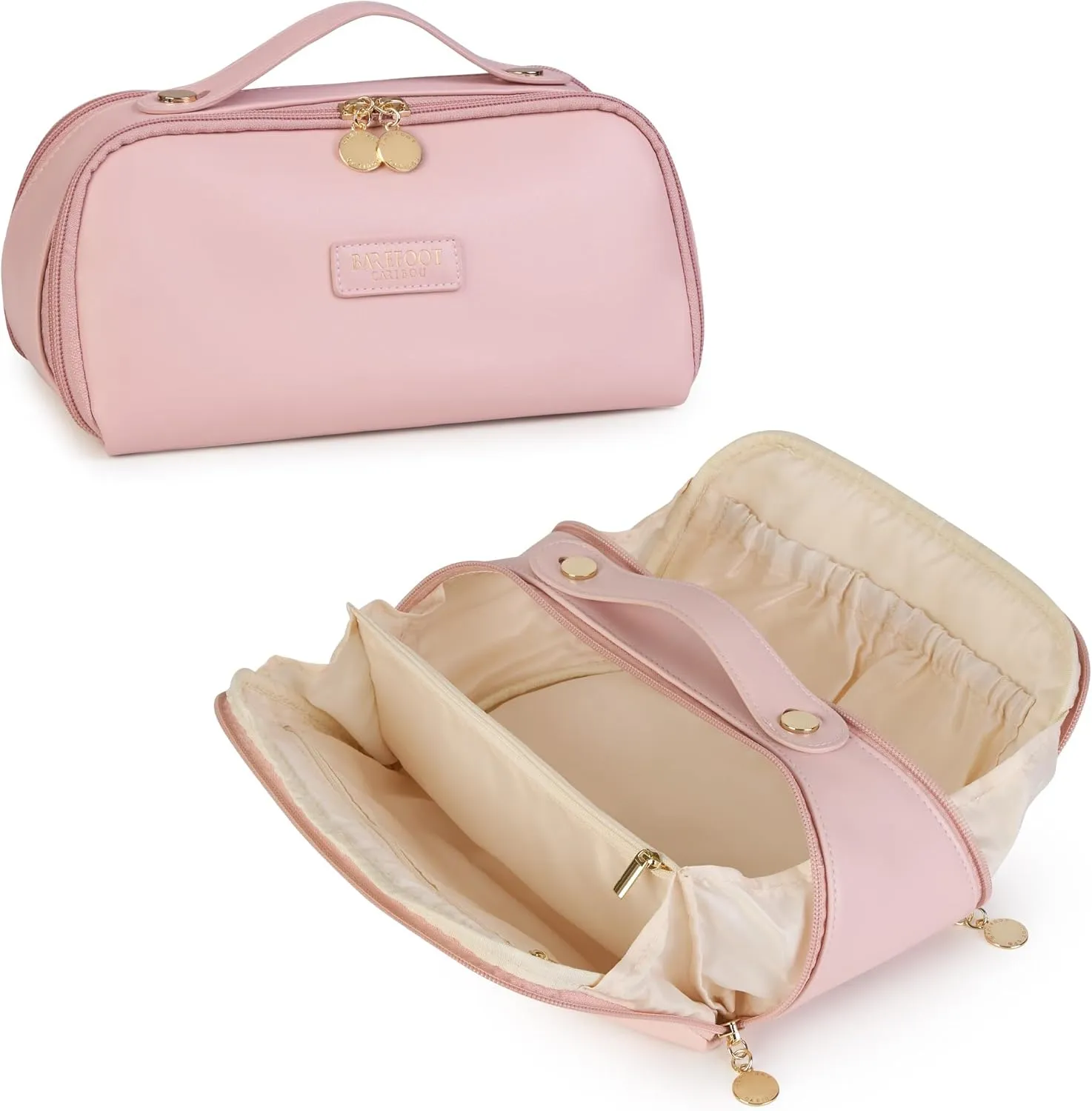 Travel Makeup Bag and Cosmetic Organizer for Women, with Multiple Pockets, Wide Open Design, Large Brush Pocket, Compact and Portable Storage Bag for Travel Accessories and Beauty Essentials (Pink)