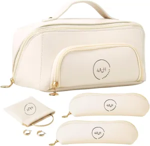 Travel makeup Bag cosmetic organizer Set for Women Pu leather Large Capacity Divider Portable Toiletry Bag 2 Brush Holders Waterproof Jewelry Pouch portable toiletries accessories brush case