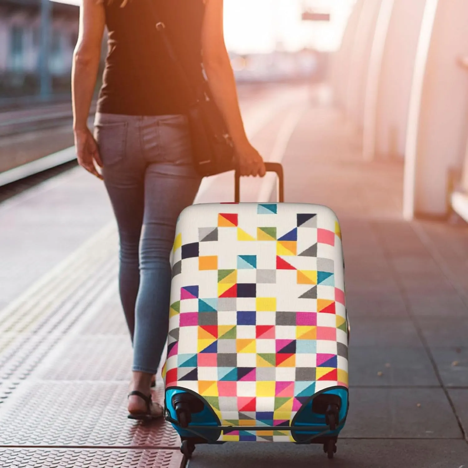 Triangle Geometric Print Washable Suitcase Cover Protective Luggage Cover Anti Scratch Travel Gear Protector