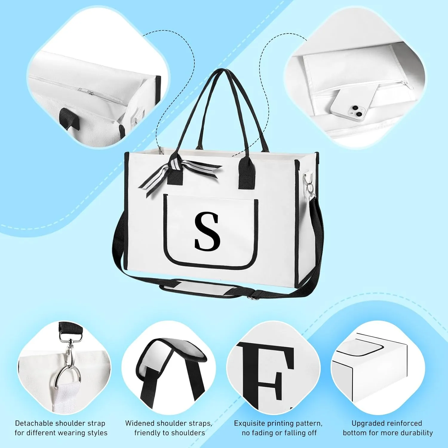 TRSODD Christmas & Mom Gifts: Beach Bags w/ Inner & Front Pocket, Shoulder Strap, Gift Box