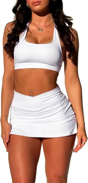 Two Piece Tennis Skirt Sets for Women 2 Piece Mini Skirt Set Going Out Golf Skort Athletic Skirt Pickleball Outfit