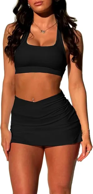 Two Piece Tennis Skirt Sets for Women 2 Piece Mini Skirt Set Going Out Golf Skort Athletic Skirt Pickleball Outfit