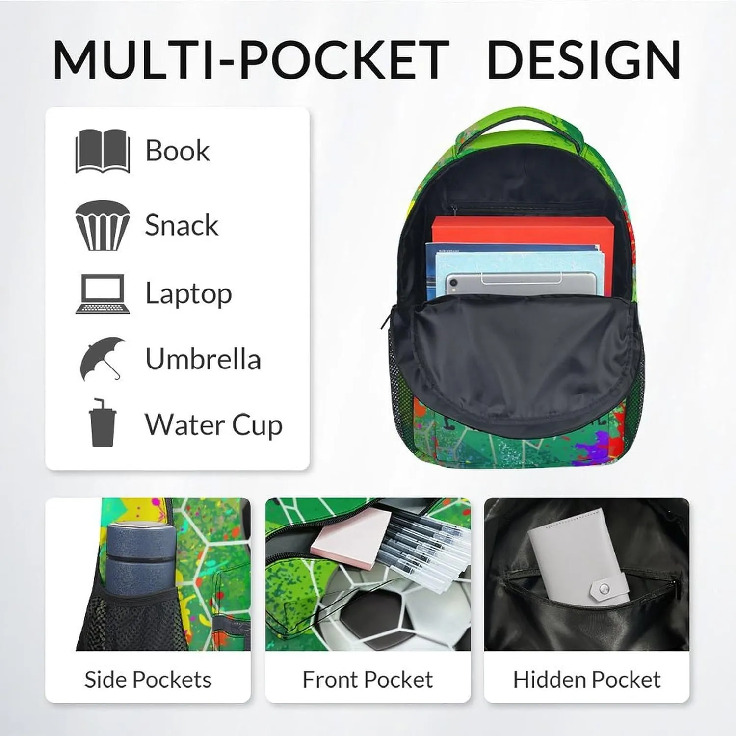 UNIKITTY Custom School Backpack for Boys Girls, Soccer Backpack with Adjustable Straps, Elementary Bookbag Large Capacity Durable, 17" Green Cool Kids Backpacks