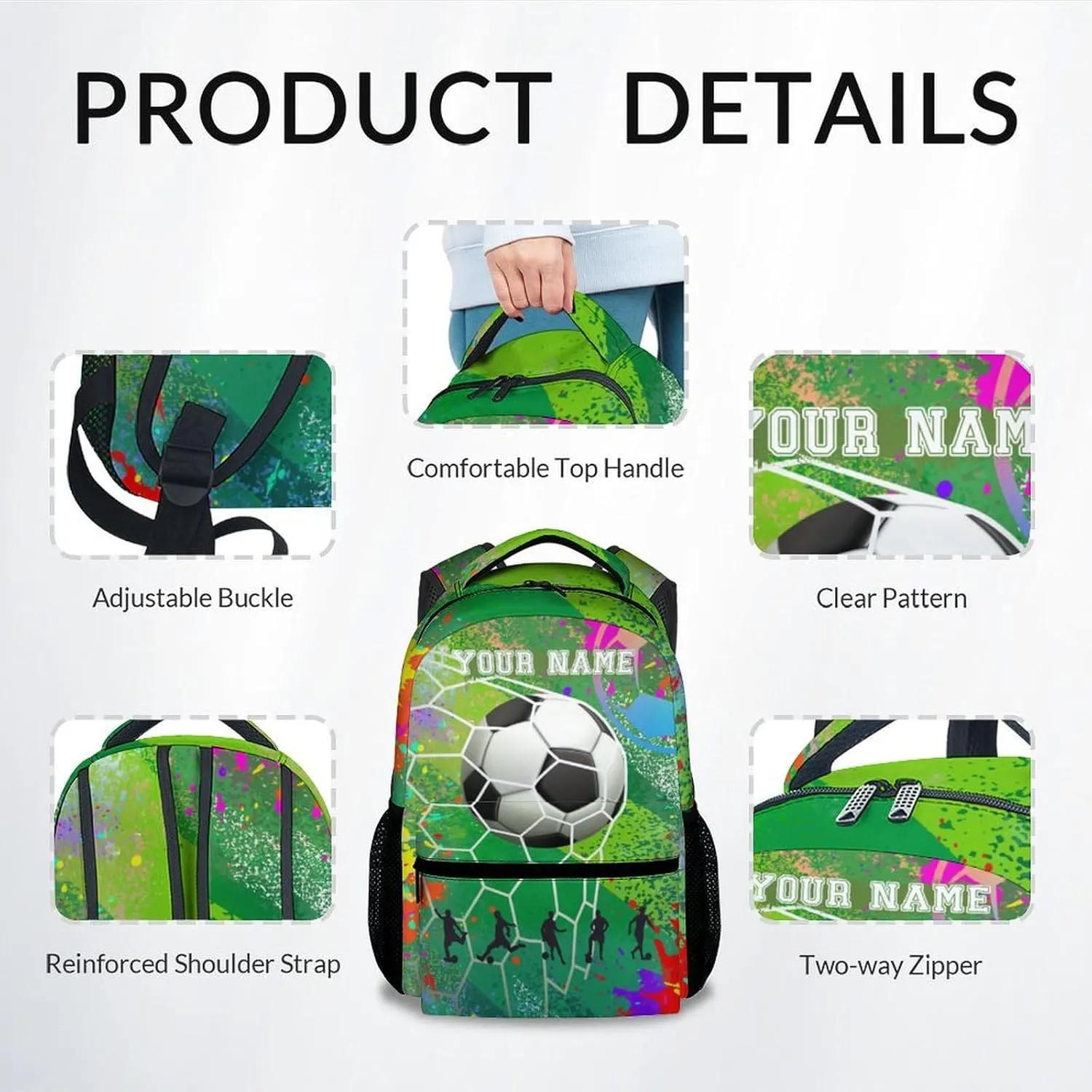 UNIKITTY Custom School Backpack for Boys Girls, Soccer Backpack with Adjustable Straps, Elementary Bookbag Large Capacity Durable, 17" Green Cool Kids Backpacks
