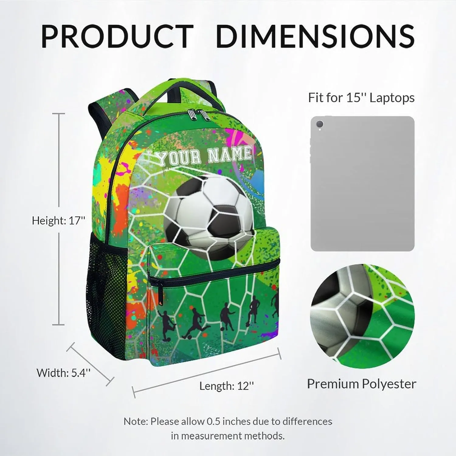 UNIKITTY Custom School Backpack for Boys Girls, Soccer Backpack with Adjustable Straps, Elementary Bookbag Large Capacity Durable, 17" Green Cool Kids Backpacks