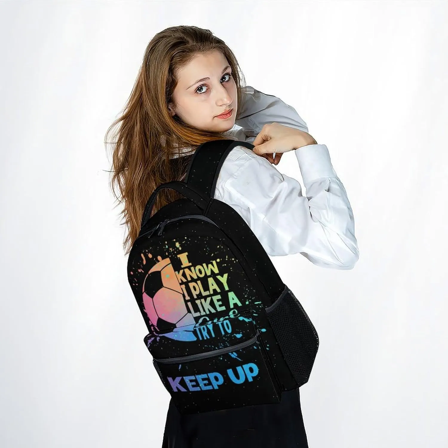 UNIKITTY Kids Backpack for Girls, Soccer Backpack for Elementary Middle School, 17" School Backpack for Teen, Black Cute Large Capacity Bookbag with Adjustable Straps