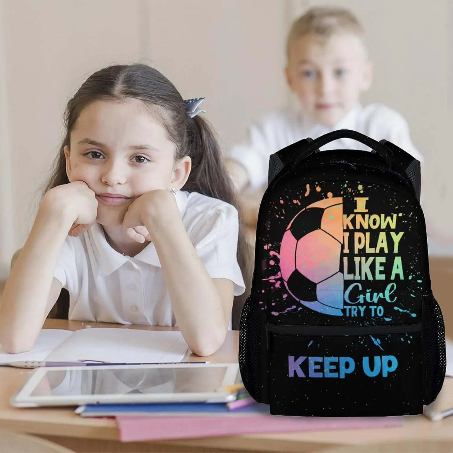 UNIKITTY Kids Backpack for Girls, Soccer Backpack for Elementary Middle School, 17" School Backpack for Teen, Black Cute Large Capacity Bookbag with Adjustable Straps
