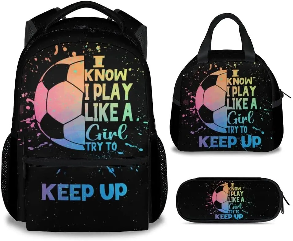 UNIKITTY Kids Backpack Set with Lunch Box, Soccer Backpack for Girls, 17" School Backpack for Students Elementary, Black Cute Large Capacity Bookbag with Adjustable Straps