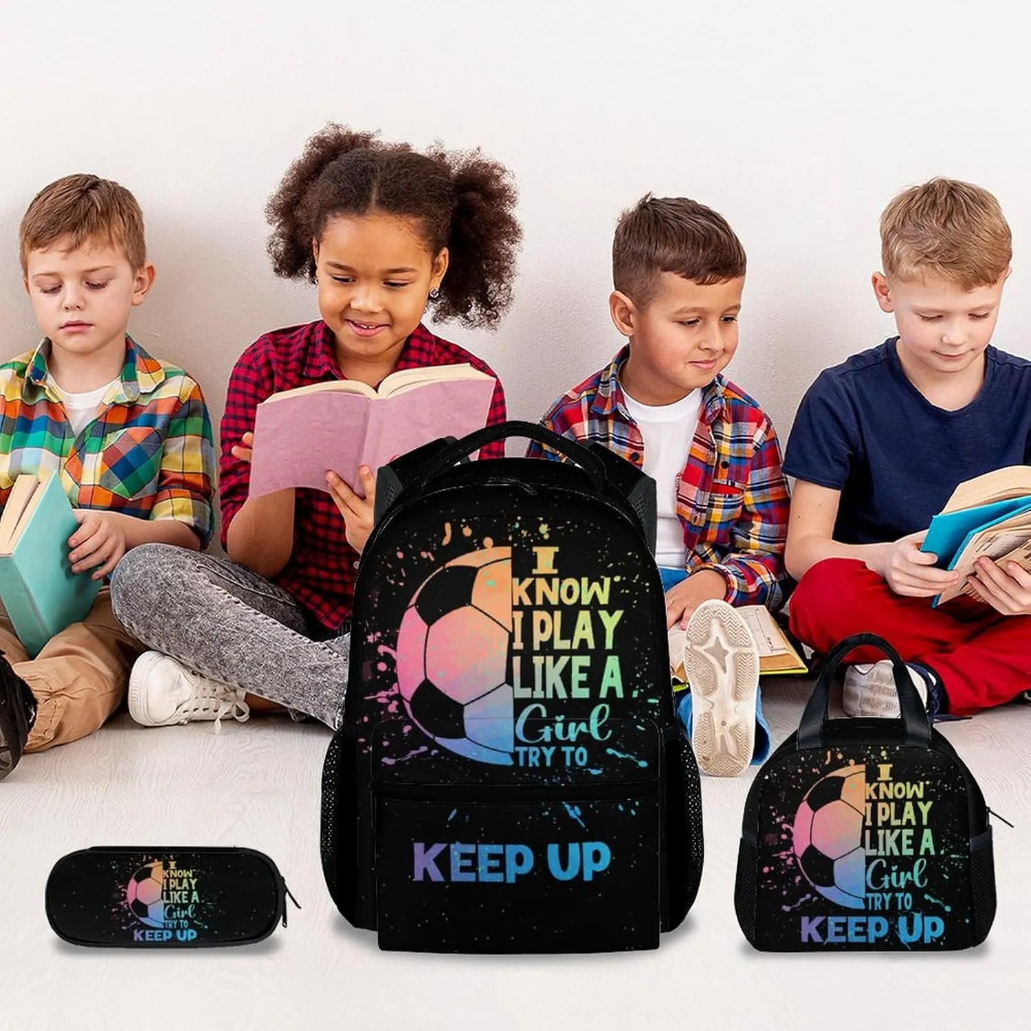 UNIKITTY Kids Backpack Set with Lunch Box, Soccer Backpack for Girls, 17" School Backpack for Students Elementary, Black Cute Large Capacity Bookbag with Adjustable Straps