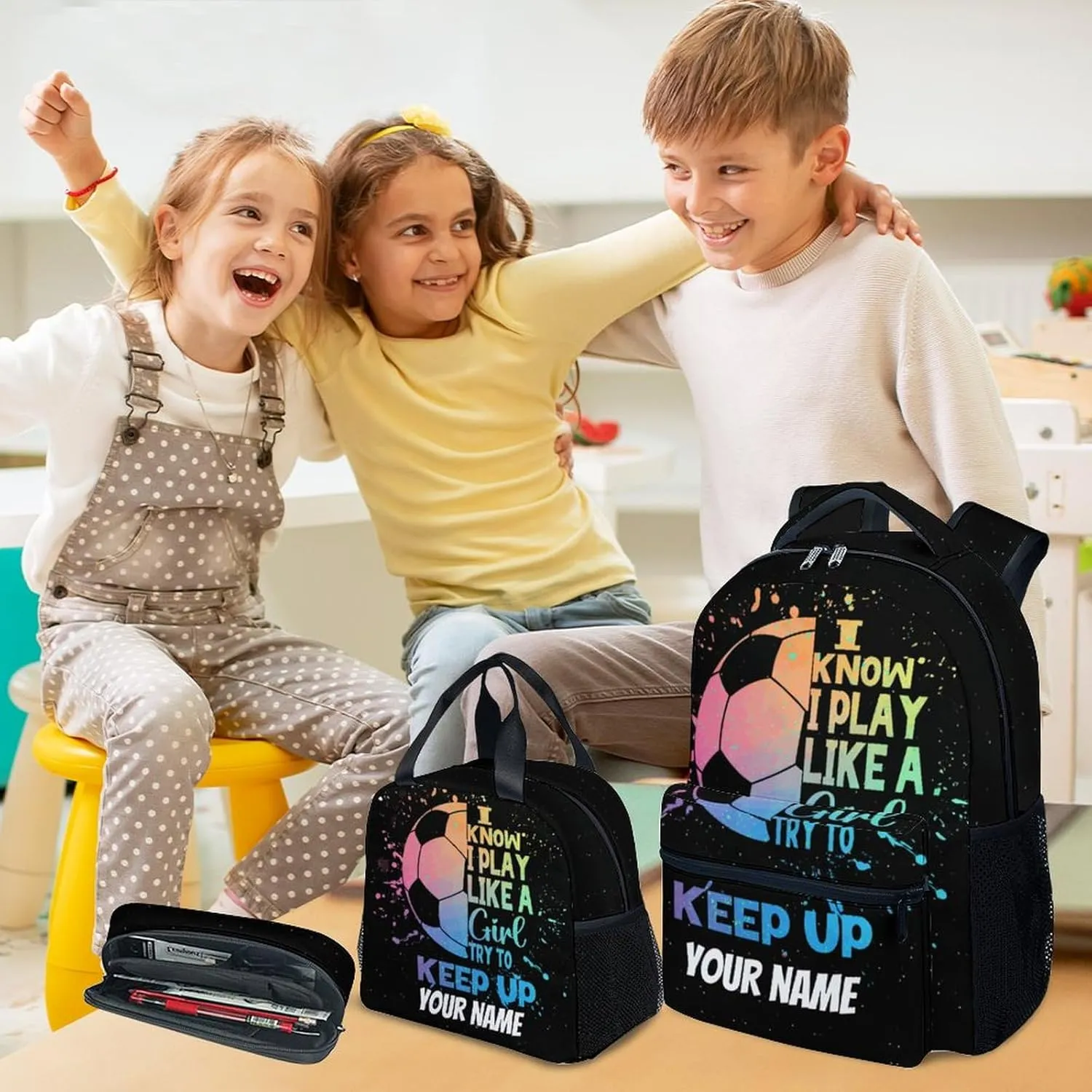 UNIKITTY Personalized Kids Backpack Set with Lunch Box, Soccer Backpack for Girls, 17" School Backpack for Children Preschool, Black Cute Large Capacity Bookbag with Adjustable Straps