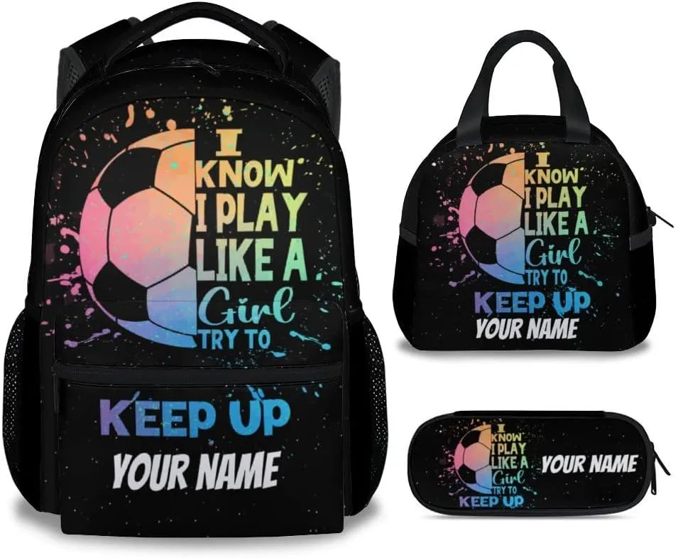UNIKITTY Personalized Kids Backpack Set with Lunch Box, Soccer Backpack for Girls, 17" School Backpack for Children Preschool, Black Cute Large Capacity Bookbag with Adjustable Straps