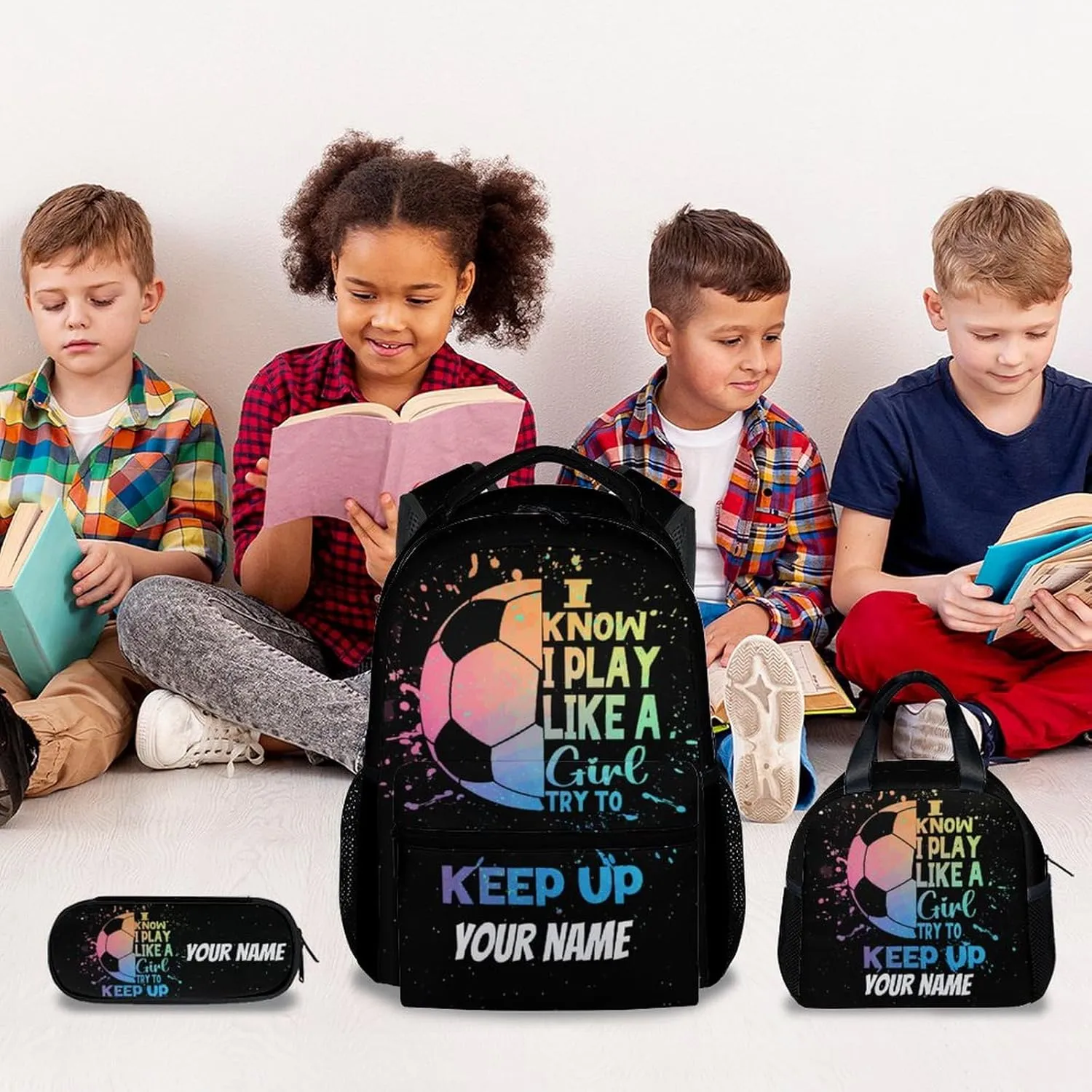 UNIKITTY Personalized Kids Backpack Set with Lunch Box, Soccer Backpack for Girls, 17" School Backpack for Children Preschool, Black Cute Large Capacity Bookbag with Adjustable Straps