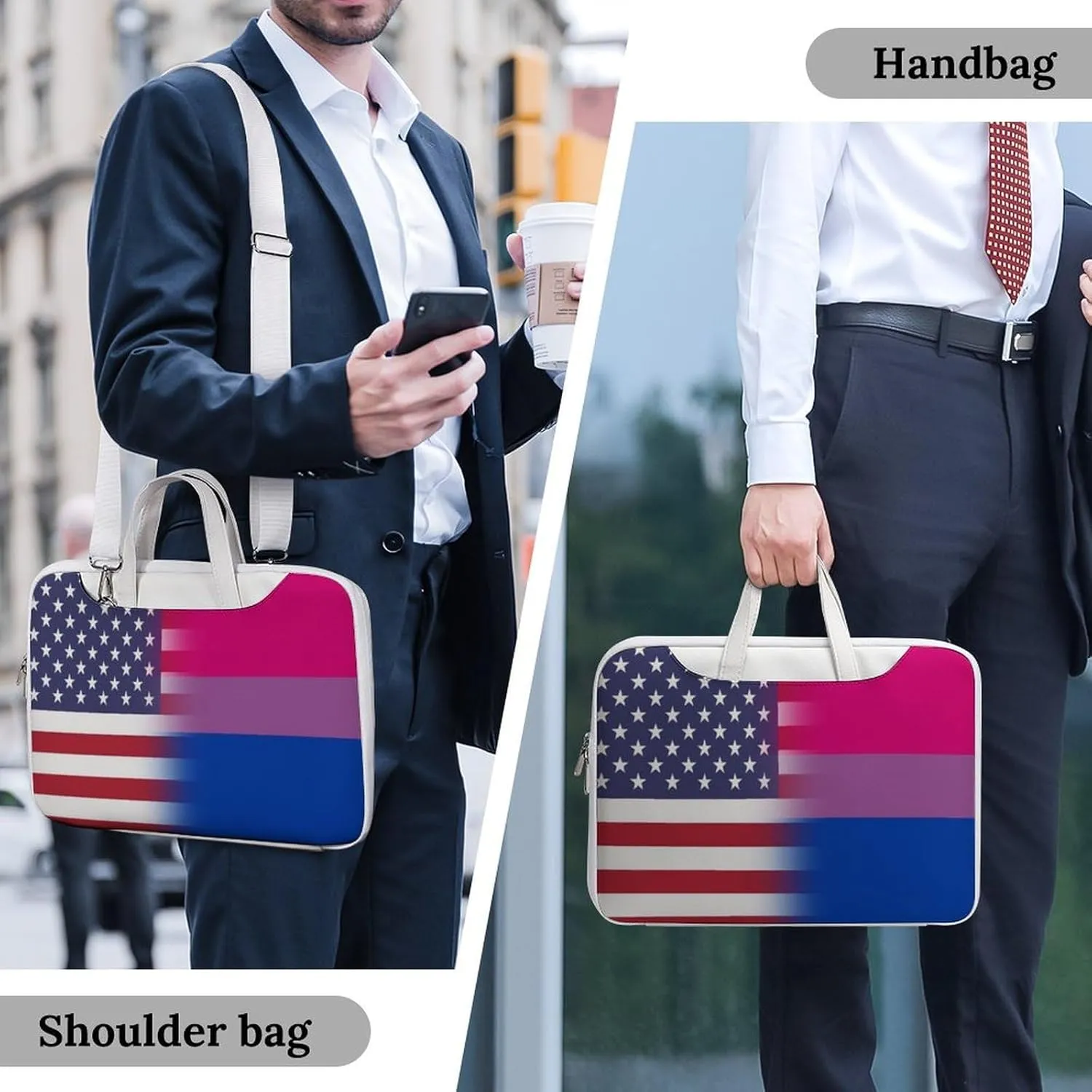 U.S.A. Bisexual Proud Flag Leather Bag Laptop Case Slim Water Resistant Computer Bags with Handle Briefcase for Work