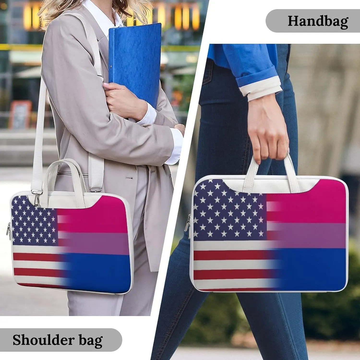 U.S.A. Bisexual Proud Flag Leather Bag Laptop Case Slim Water Resistant Computer Bags with Handle Briefcase for Work