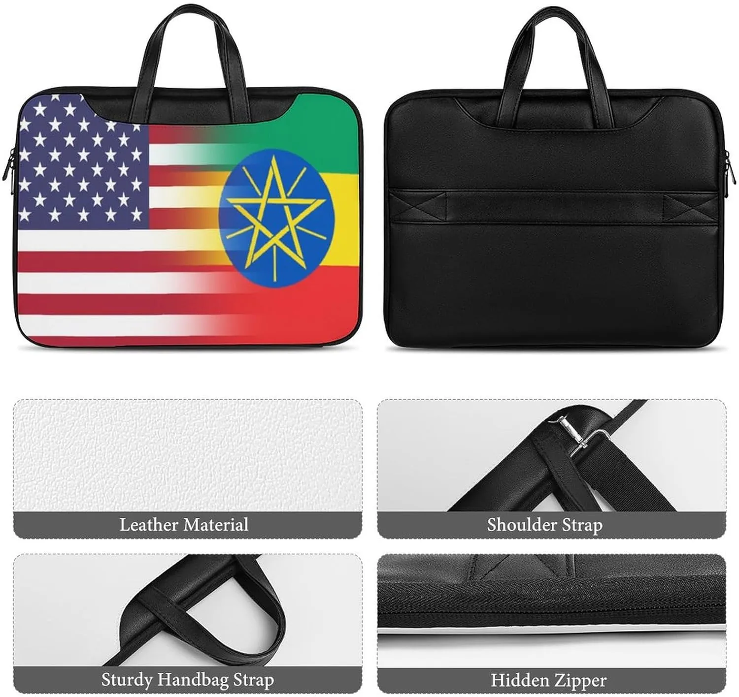 U.S.A Ethiopia Flag Leather Bag Laptop Case Slim Water Resistant Computer Bags with Handle Briefcase for Work