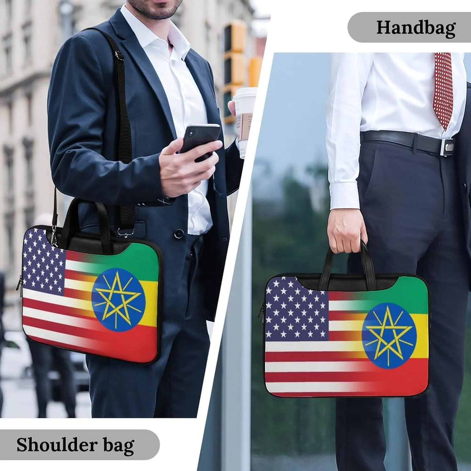 U.S.A Ethiopia Flag Leather Bag Laptop Case Slim Water Resistant Computer Bags with Handle Briefcase for Work
