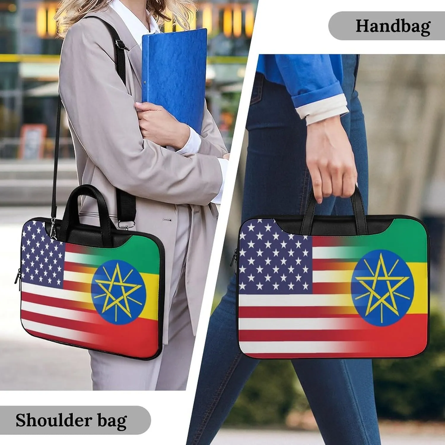 U.S.A Ethiopia Flag Leather Bag Laptop Case Slim Water Resistant Computer Bags with Handle Briefcase for Work