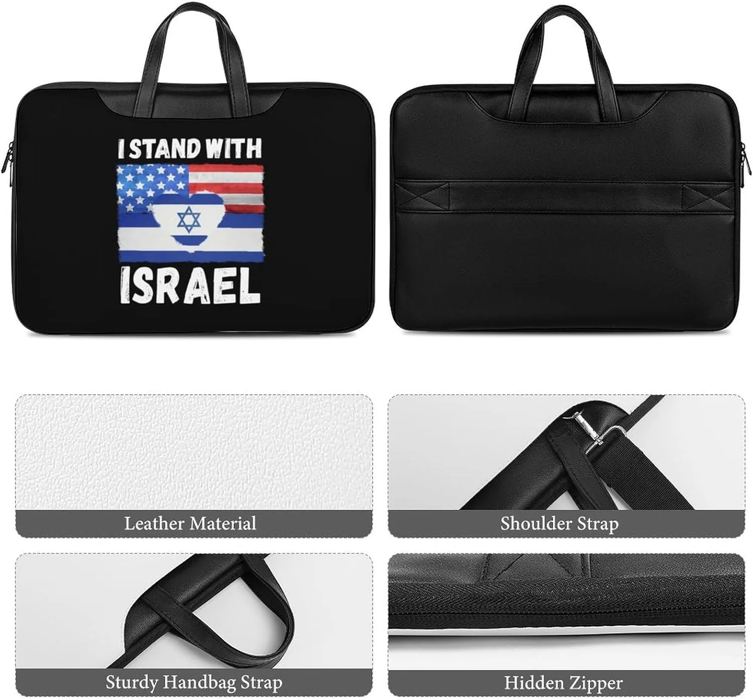 U.S.A Israel Stand with Leather Bag Laptop Case Slim Water Resistant Computer Bags with Handle Briefcase for Work