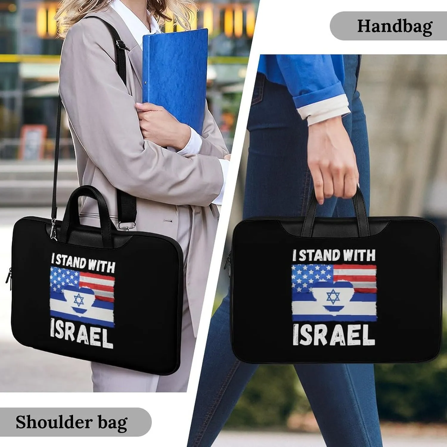 U.S.A Israel Stand with Leather Bag Laptop Case Slim Water Resistant Computer Bags with Handle Briefcase for Work