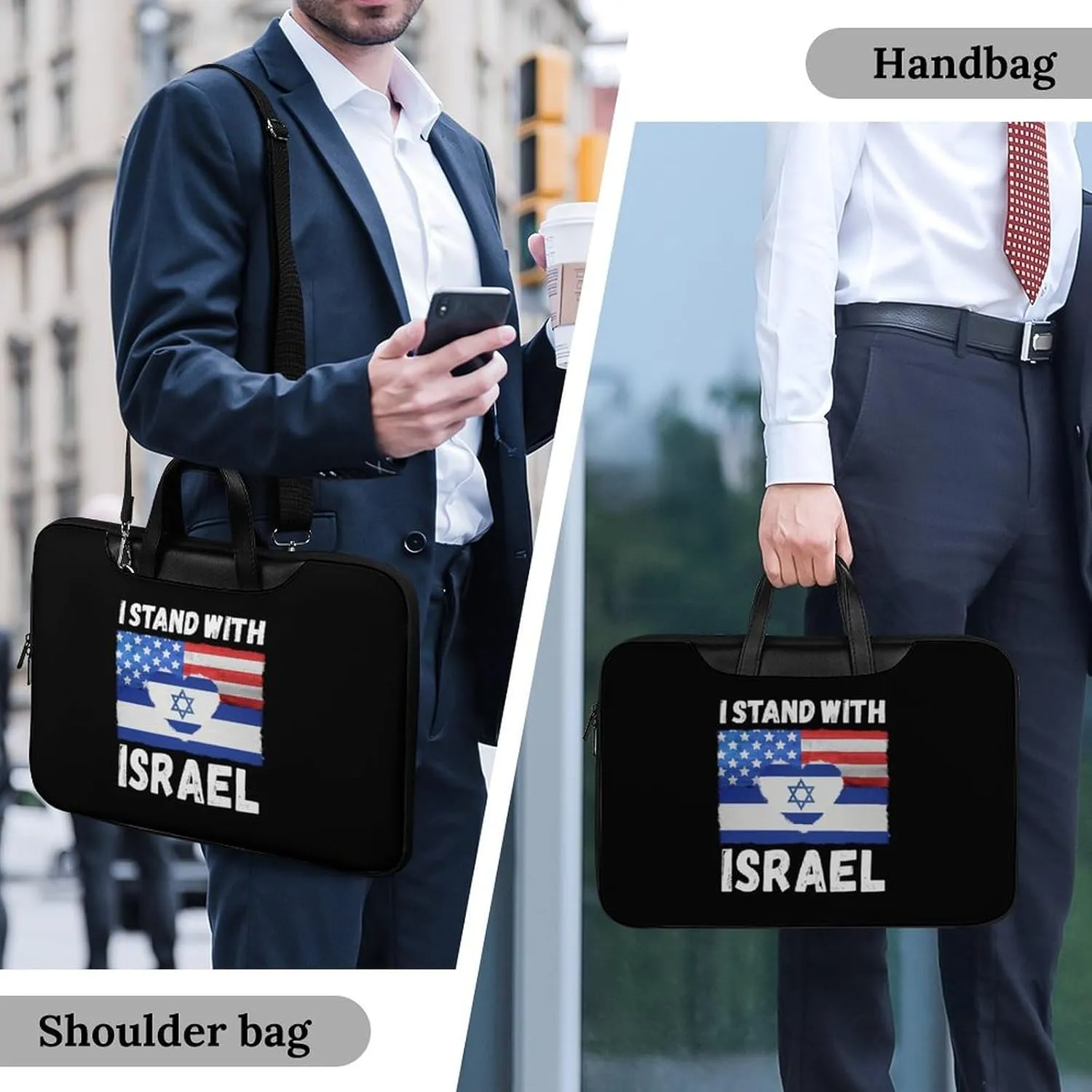 U.S.A Israel Stand with Leather Bag Laptop Case Slim Water Resistant Computer Bags with Handle Briefcase for Work