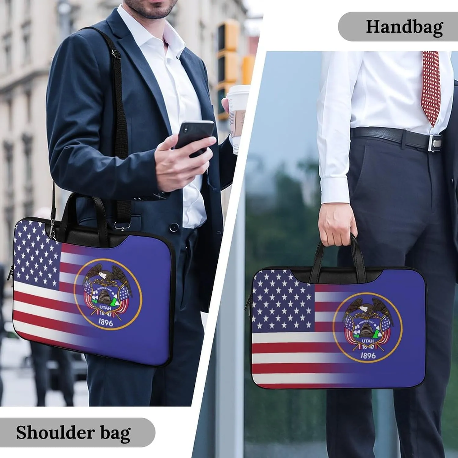 U.S.A Utah State Flag Leather Bag Laptop Case Slim Water Resistant Computer Bags with Handle Briefcase for Work