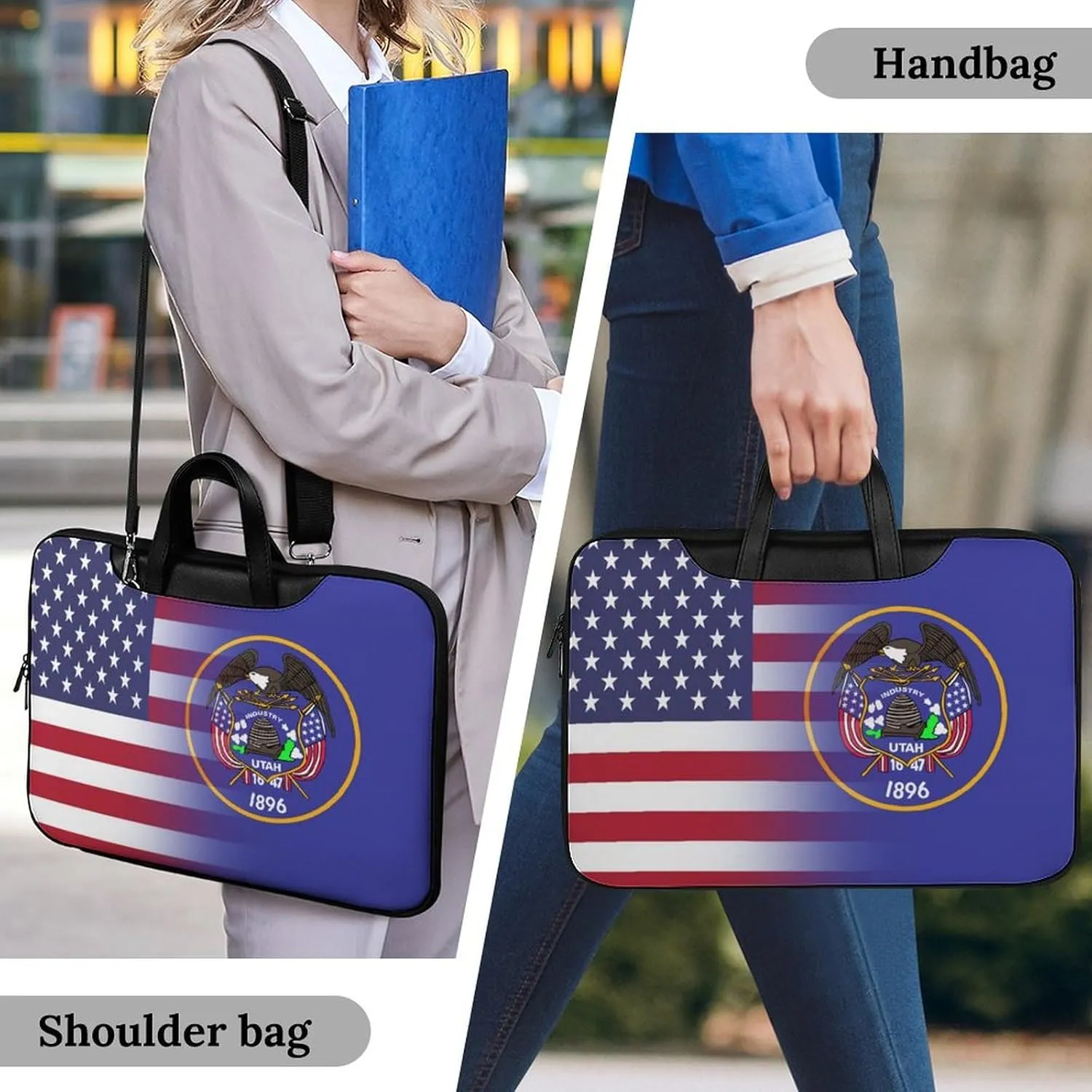 U.S.A Utah State Flag Leather Bag Laptop Case Slim Water Resistant Computer Bags with Handle Briefcase for Work