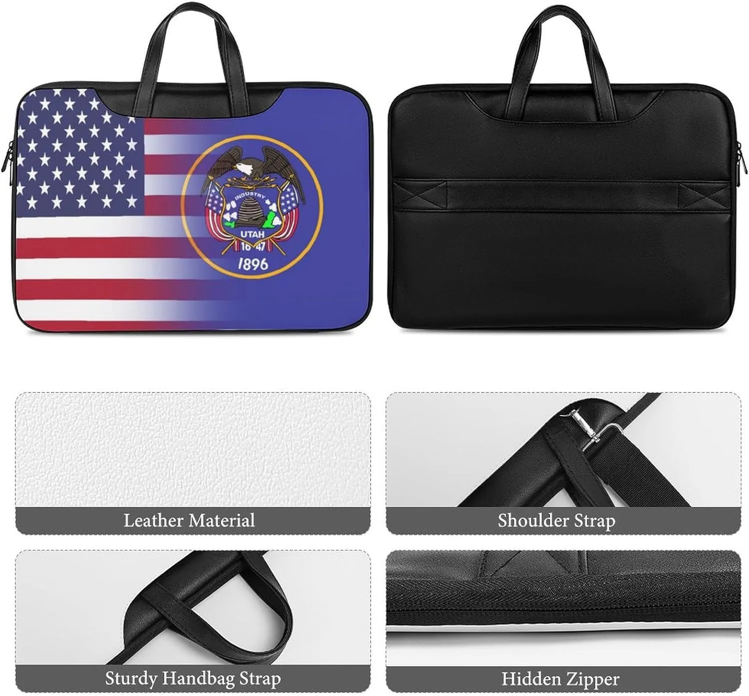 U.S.A Utah State Flag Leather Bag Laptop Case Slim Water Resistant Computer Bags with Handle Briefcase for Work