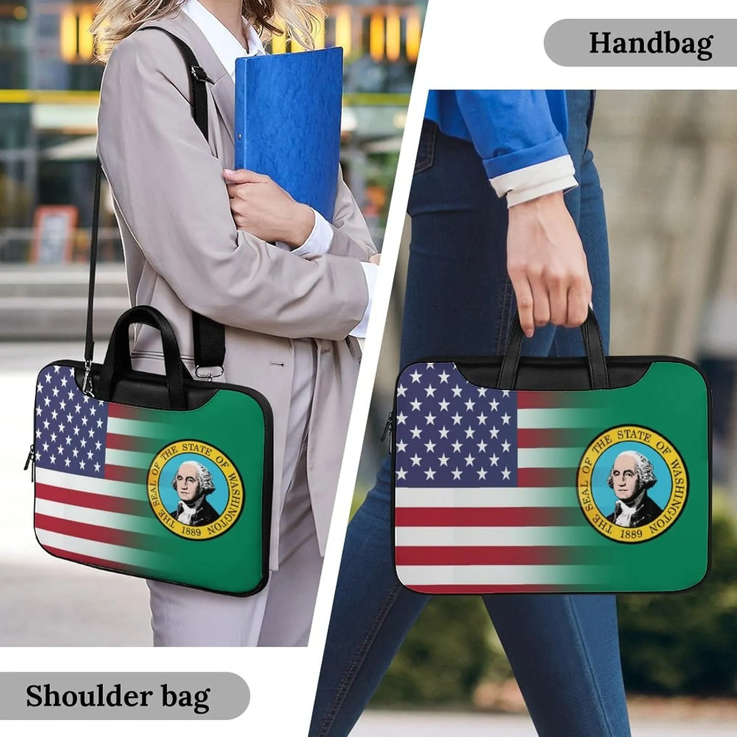 U.S.A Washington State Flag Leather Bag Laptop Case Slim Water Resistant Computer Bags with Handle Briefcase for Work