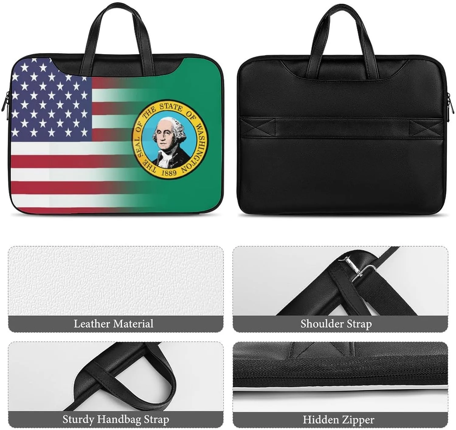 U.S.A Washington State Flag Leather Bag Laptop Case Slim Water Resistant Computer Bags with Handle Briefcase for Work