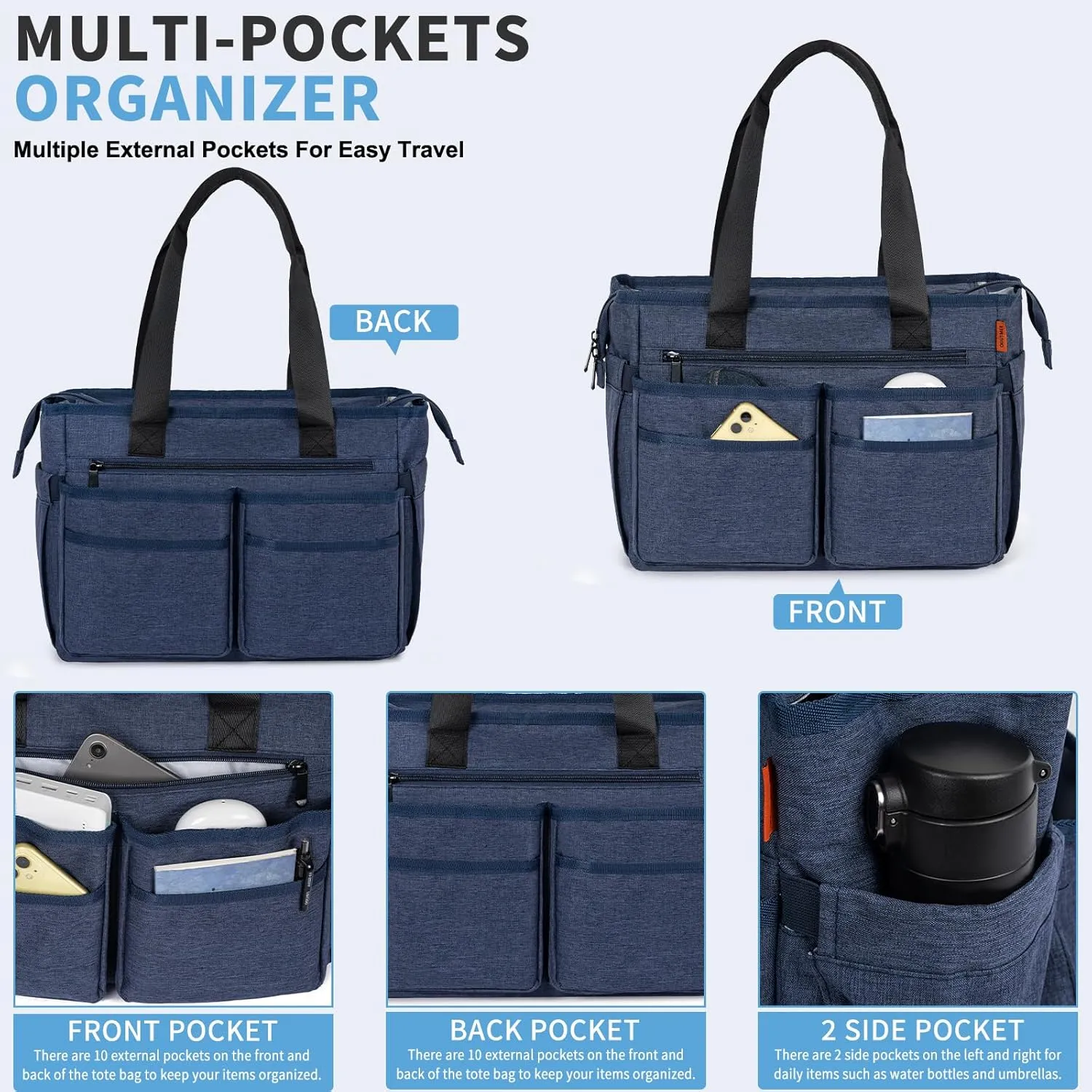 Utility Tote Bag for Women, Multi Pockets Shoulder Bag with Zipper, Laptop Handbag for Teacher, Working Women, Nurses