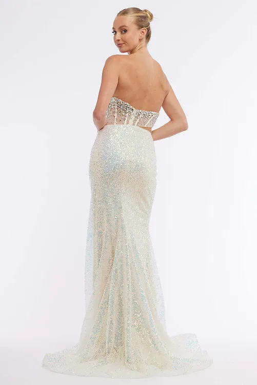 Vienna Prom 8885 Size 4 Yellow Sheer Crystal Corset Sequin Prom Dress Slit Pageant Gown Ruched Waist