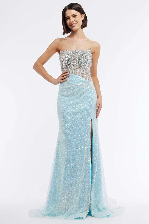 Vienna Prom 8885 Size 4 Yellow Sheer Crystal Corset Sequin Prom Dress Slit Pageant Gown Ruched Waist